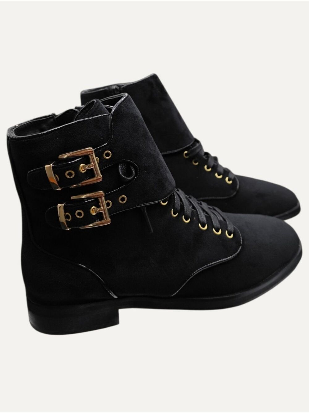 St Sana Radio Black Velvet Gold Buckle Combat Boots 38 NWOB